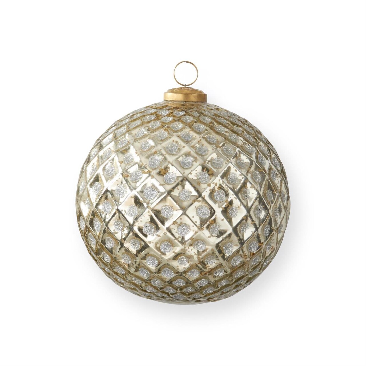 6.25" Handmade Gold Glitter Diamond Glass Ornament – Large Vintage Embossed Round Christmas Decoration